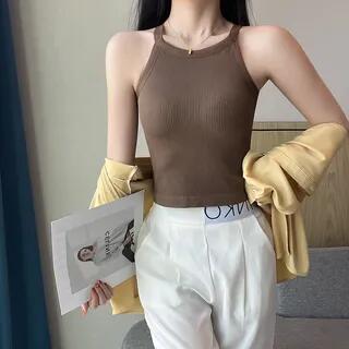 Halter Neck Plain Ribbed Padded Tank Top Khaki by Faiar