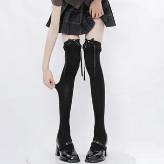 Ribbon Lace Trim Socks (Various Designs) Over-The-Knee - Black by Whychunga