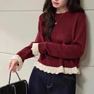 Round Neck Plain Lace Trim Knit Top Red by Supernova