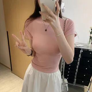 Short-Sleeve Round Neck Plain Slim Fit Crop T-Shirt Pink by Asiris