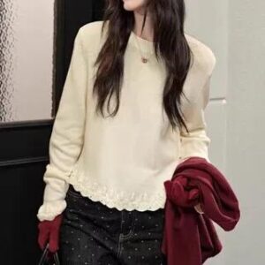 Round Neck Plain Lace Trim Knit Top Beige 281151296