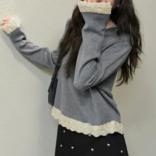 Round Neck Plain Lace Trim Knit Top Gray by Supernova