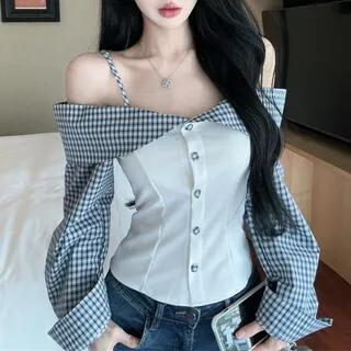 Long Sleeve Cold Shoulder Plaid Panel Button Top White by Bolgivy