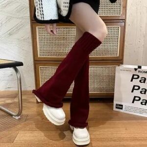 Plain Knitted Leg Warmers Wine Red 281178502