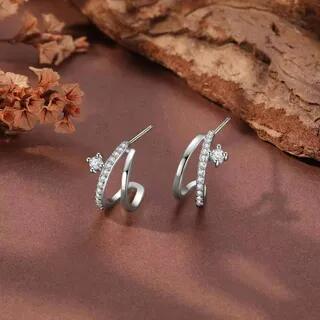 Rhinestone Layered Alloy Huggie Earring 1 Pair - Zircon - Silver by Chimerro