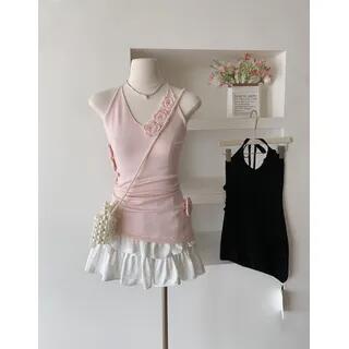Halter Plain Crochet Floral Top Pink by Dute