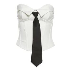 Tie Front Plain Crop Corset Top / High Waist Wide Leg Dress Pants 72807 - Top - White 281220222