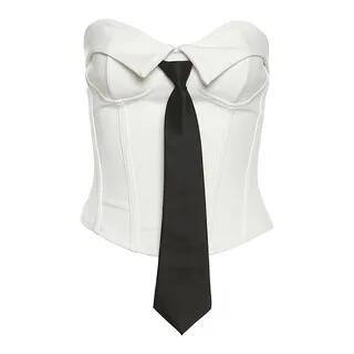 Tie Front Plain Crop Corset Top / High Waist Wide Leg Dress Pants 72807 - Top - White by Bababy