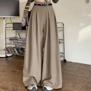 High Rise Plain Baggy Slacks Without Belt - Coffee by Sisyphi