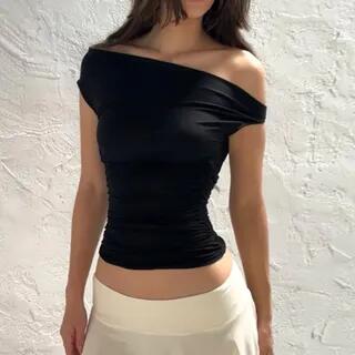 Off Shoulder Plain Slim-Fit Crop Tank Top Black by Sosana