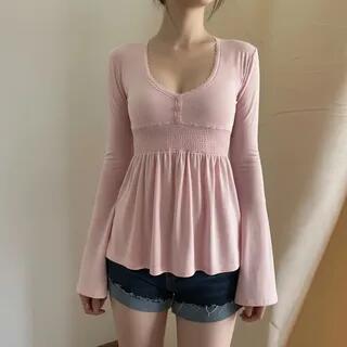 Long Sleeve Plain Lace-Trim A-Line Top Pink by Sosana