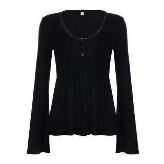 Long Sleeve Plain Lace-Trim A-Line Top Black by Sosana