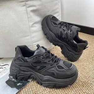 Plain Mesh Panel Lace-Up Platform Sneakers Black 281224807