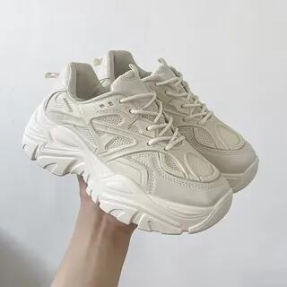 Plain Mesh Panel Lace-Up Platform Sneakers White - 36 by Sleeko