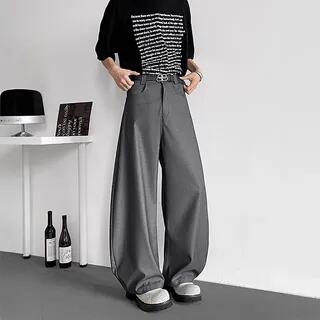 Mid Rise Plain Wide Leg Dress Pants Gray by Posive