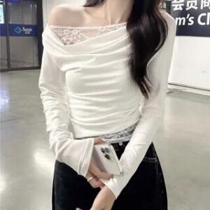 Mock Two-Piece Long-Sleeve Off-Shoulder Lace Panel Slim Fit Crop Top White 281270242