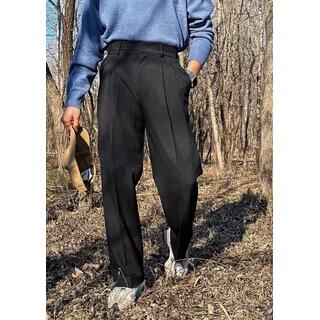 Button-Detail Pleated Straight-Cut Loose Dress Pants Black by Neonity Wear