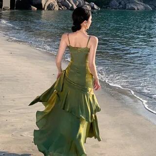 Spaghetti Strap Plain Ruched Panel A-Line Evening Dress Dark Green by Fioridi