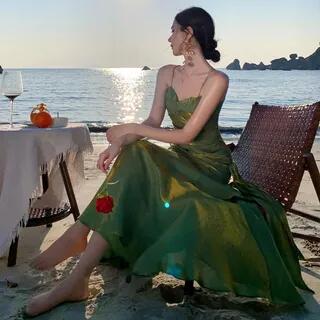 Spaghetti Strap Plain Ruched Panel A-Line Evening Dress Dark Green by Fioridi
