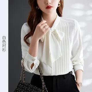 Long-Sleeve Tie-Neck Plain Pintuck Blouse White by INEN