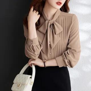 Long-Sleeve Tie-Neck Plain Pintuck Blouse Khaki by INEN