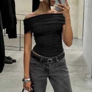 Sleeveless Off-Shoulder Plain Ruched Top Black 281302949