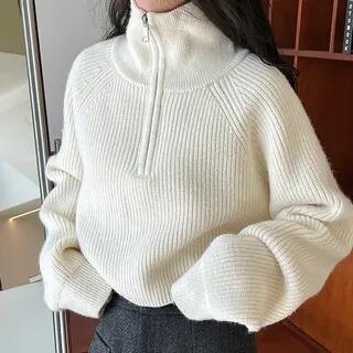 Turtleneck Plain Half Zip Ribbed Sweater White by PINPI
