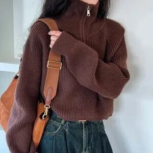 Turtleneck Plain Half Zip Ribbed Sweater Coffee 281323545