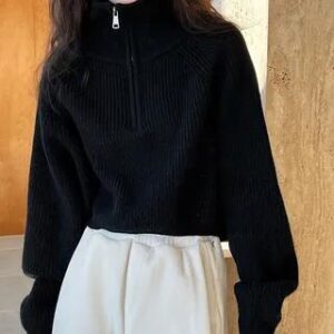 Turtleneck Plain Half Zip Ribbed Sweater Black 281323546