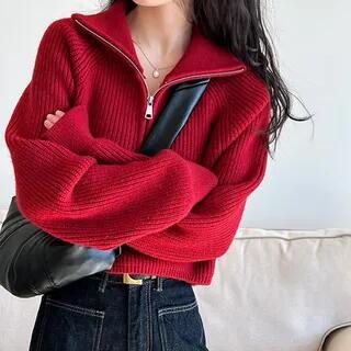 Turtleneck Plain Half Zip Ribbed Sweater Red by PINPI