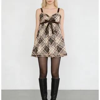 V-Neck Plaid Ruffled-Trim A-Line Camisole Top / Short Sleeve Top Brown by Sosana