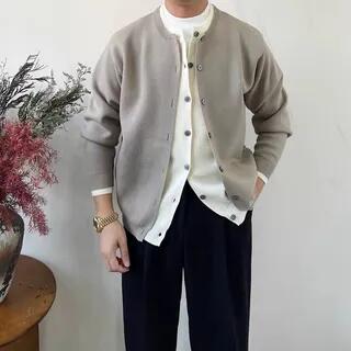 Mock Two-Piece Crew-Neck Cardigan M886 - Khaki by Nightbell