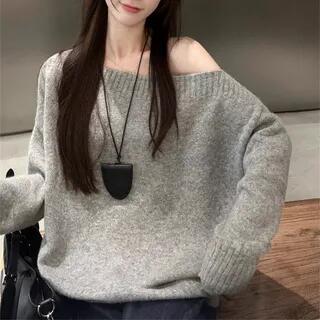 Off-Shoulder Plain Knit Top Gray by Beaustreet