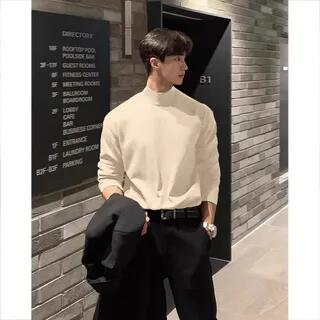 Long-Sleeve Mock Neck Plain T-Shirt Almond by Posive