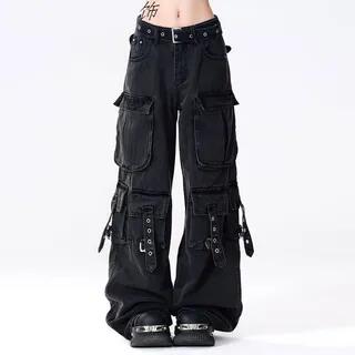 Low Waist Pocket Detail Wide Leg Jeans Black by Bolgivy