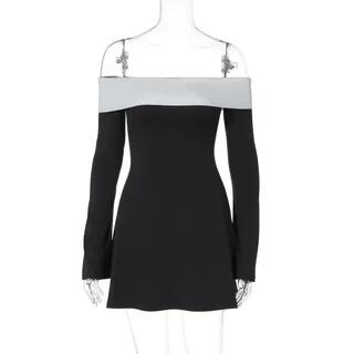 Off-Shoulder Long-Sleeve Two-Tone Mini A-Line Dress Black by Rosesand
