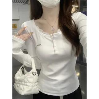 Long-Sleeve Henley Plain Lace Trim Tee White by Striinkie