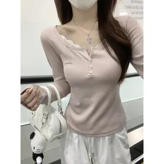 Long-Sleeve Henley Plain Lace Trim Tee Pink by Striinkie