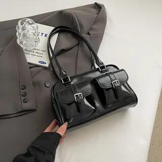 Multi-Pocket Faux Leather Bowling Tote Bag Tote Bag - Black by FAYLE