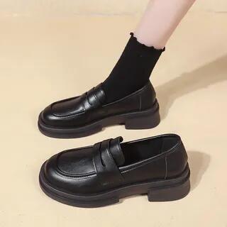 Platform Plain Faux Leather Penny Loafers Black by FRAISO