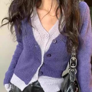 Mock Two-Piece Long-Sleeve V-Neck Two Tone Button Top Purple by Shinsei
