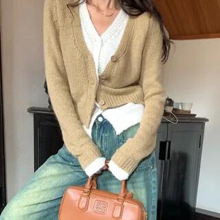 Mock Two-Piece Long-Sleeve V-Neck Two Tone Button Top Almond by Shinsei