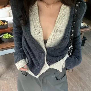Mock Two-Piece Long-Sleeve V-Neck Two Tone Button Top Gray by Shinsei