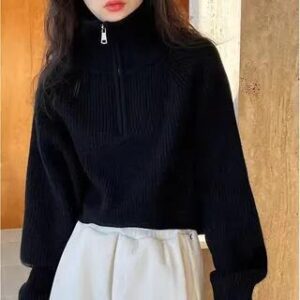 Turtleneck Half Zip Plain Crop Sweater Black 281346569