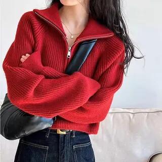Turtleneck Half Zip Plain Crop Sweater Red by Sienne
