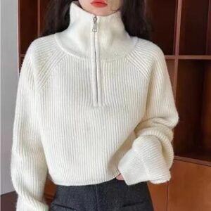 Turtleneck Half Zip Plain Crop Sweater White 281346571