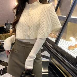 F - Set: Mock Neck Knit Shrug + Long-Sleeve Knit Top Beige 281346626