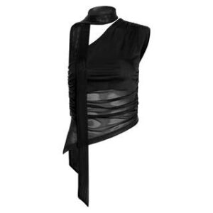 One Shoulder Scarf Collar Plain Sheer Asymmetric Hem Slim-Fit Tank Top Black 281346633