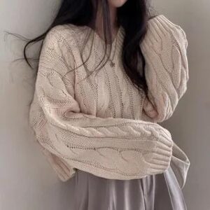 V-Neck Plain Cable Knit Cropped Sweater Beige 281346699