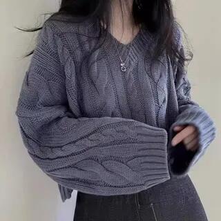 V-Neck Plain Cable Knit Cropped Sweater Blue by ISSOL